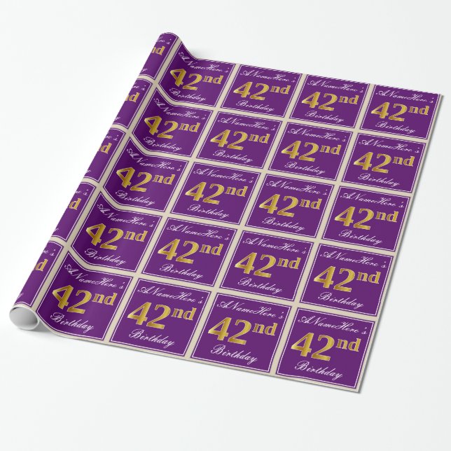 Papier Cadeau Elégant, pourpre, Faux Gold 42e anniversaire + Nom (Déroulé)