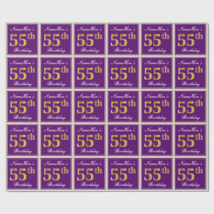 Papier Cadeau Elégant, pourpre, Faux Gold 55e anniversaire + Nom