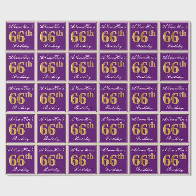 Papier Cadeau Elégant, pourpre, Faux Gold 66e anniversaire + Nom (Plat)