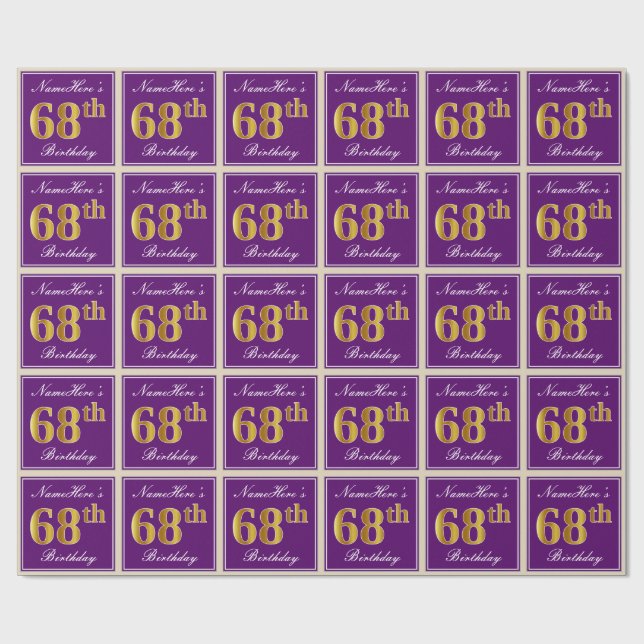 Papier Cadeau Elégant, pourpre, Faux Gold 68e anniversaire + Nom (Plat)