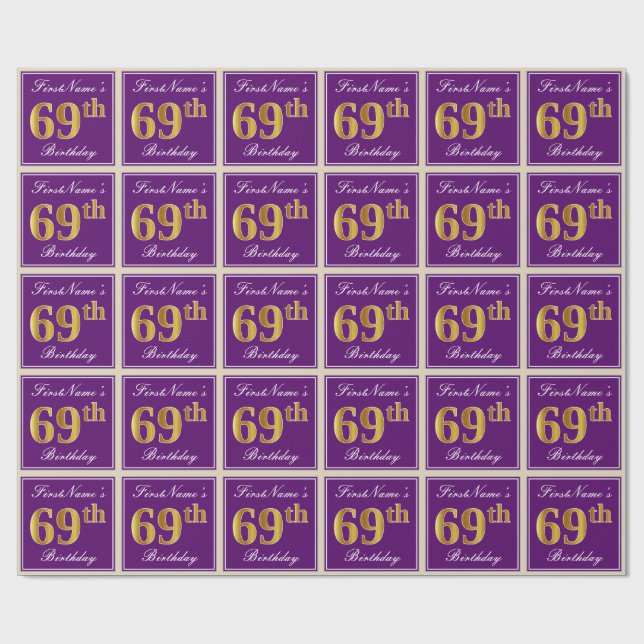 Papier Cadeau Elégant, pourpre, Faux Gold 69e anniversaire + Nom (Plat)