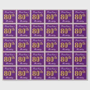 Papier Cadeau Elégant, pourpre, Faux Gold 80e anniversaire + Nom