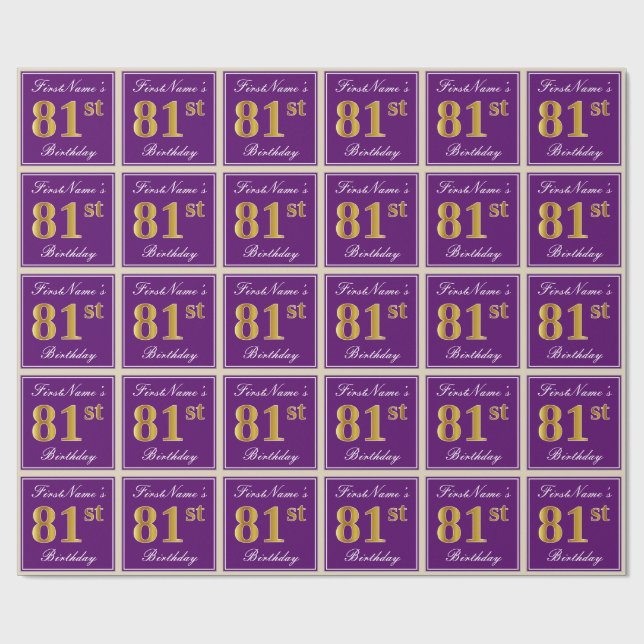 Papier Cadeau Elégant, pourpre, Faux Gold 81e anniversaire + Nom (Plat)