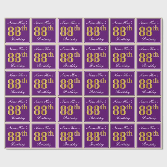 Papier Cadeau Elégant, pourpre, Faux Gold 88e anniversaire + Nom (Plat)