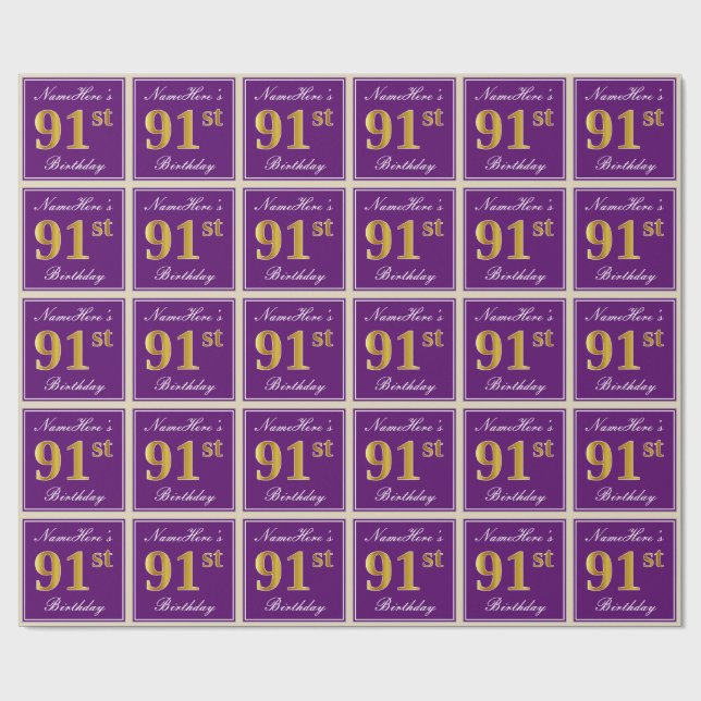 Papier Cadeau Elégant, pourpre, Faux Gold 91ème anniversaire + N (Plat)