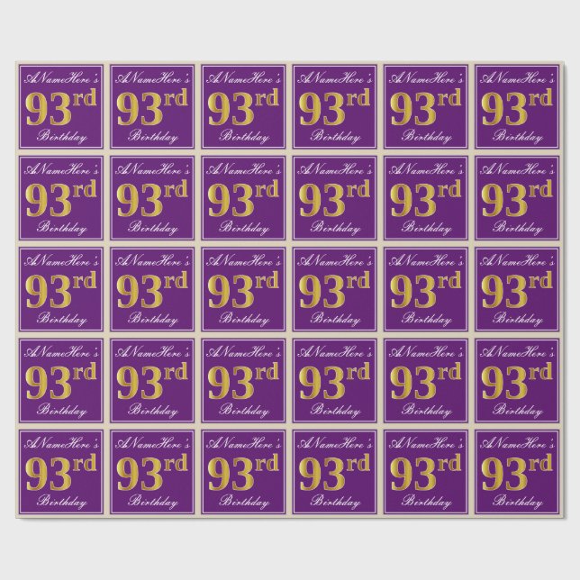 Papier Cadeau Elégant, pourpre, Faux Gold 93ème anniversaire + N (Plat)