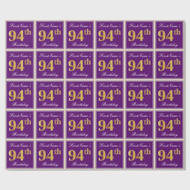 Papier Cadeau Elégant, pourpre, Faux Gold 94ème anniversaire + N (Plat)
