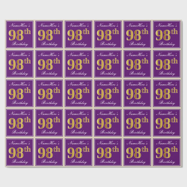 Papier Cadeau Elégant, pourpre, Faux Gold 98ème anniversaire + N (Plat)