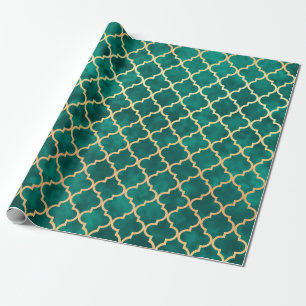 Papier Cadeau Élégant Quatrefoil Vert et Or Motif Art Déco