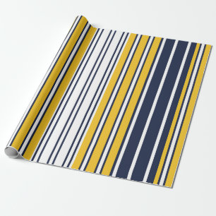 Papier Cadeau Elégant, rayures, bleu marine, jaune moutarde, bla