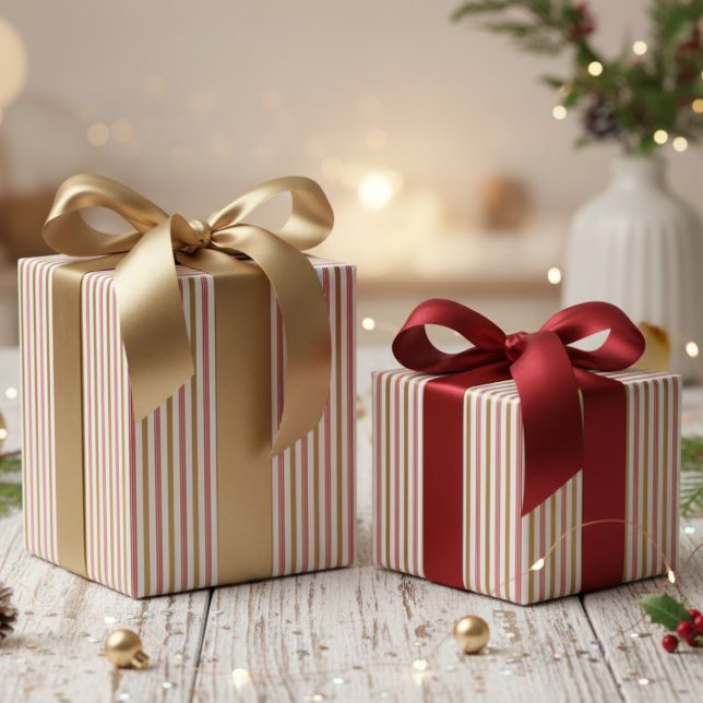Papier Cadeau Elegant Red and Gold Candy Cane Pinstripe Pattern (Elegant Red and Gold Candy Cane Pinstripe Pattern for Chic Christmas Party. Thin Festive Stripes)