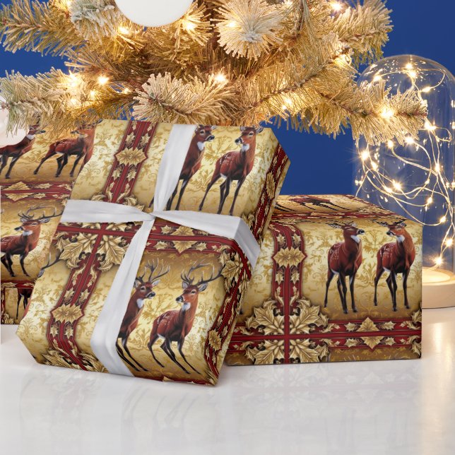 Papier Cadeau Élégant Red Deer Moose Gold Joyeux Motif de Noël (Vacances)