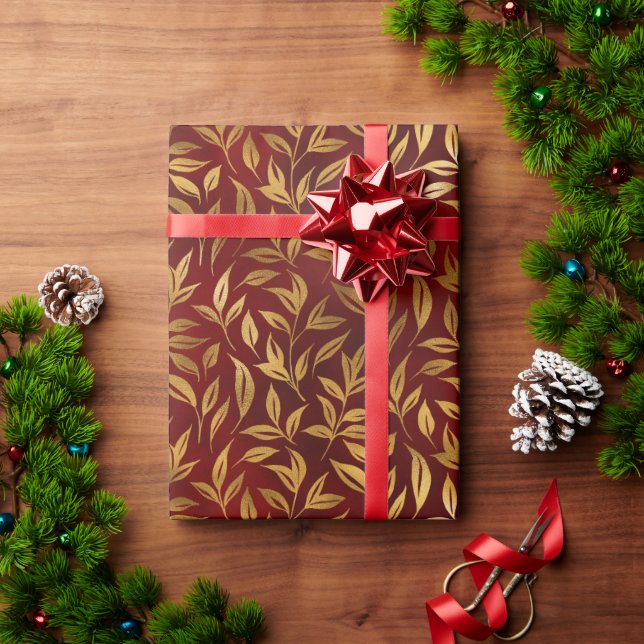 Papier Cadeau Elegant Red Gold Leaf Botanical Christmas  (Cadeau de vacances)