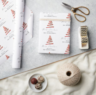 Papier Cadeau Élégant Red Gold Tree Motif Nom Joyeux Noël