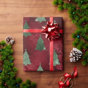 Papier Cadeau Élégant Red Green Arbres de Noël Damask