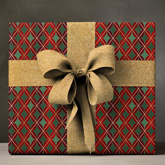 Papier Cadeau Elégant Red Green Gold Harlequin Motif de luxe (Créateur téléchargé)
