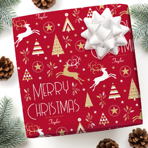 Papier Cadeau Élégant renne de Noël Editable Deep Red Gold