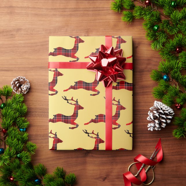 Papier Cadeau Élégant renne de Noël et or de Buffalo Plaid (Cadeau de vacances)