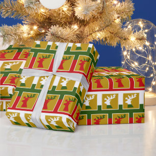 Papier Cadeau Élégant renne de vacances en or vert rouge & blanc