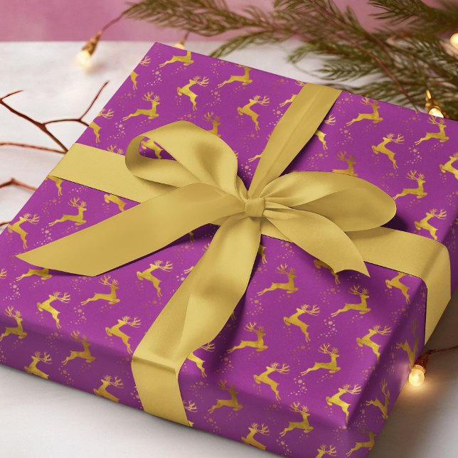Papier Cadeau Élégant renne d'or violet Noël (Créateur téléchargé)