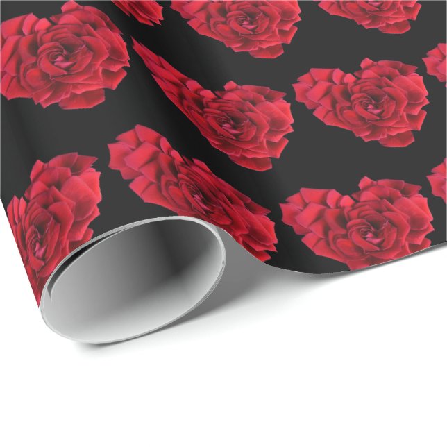 Papier Cadeau Élégant Romantique Rouge Rose Coeur Motif Noir (Coin rond)