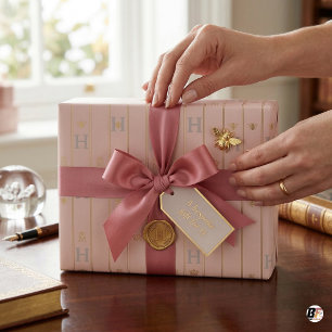 Papier Cadeau Élégant rose blush et or à rayures fines initiale 