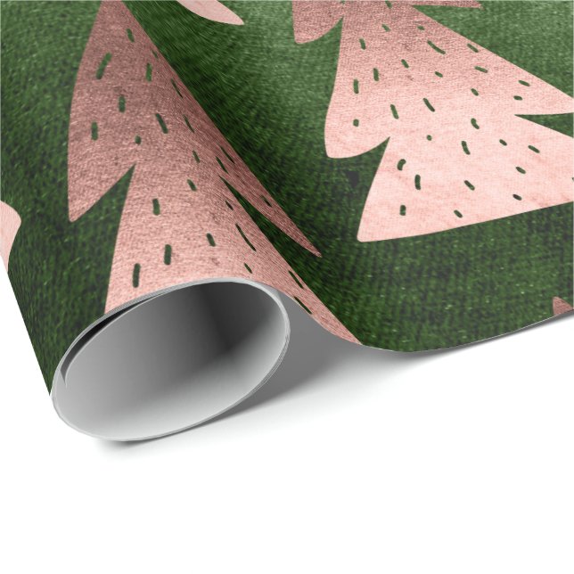 Papier Cadeau Élégant rose en cuivre or motif d'arbre de Noël (Coin rond)