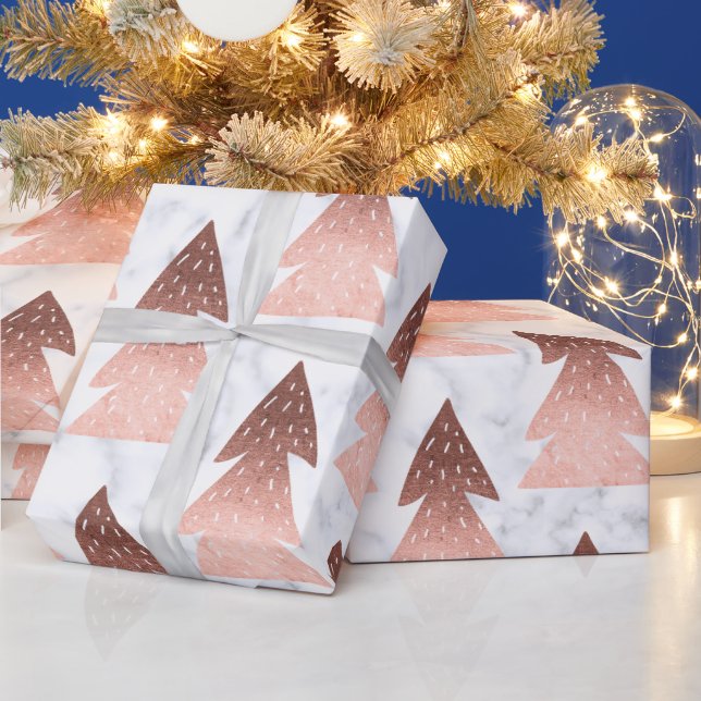 Papier Cadeau Élégant rose en cuivre or motif d'arbre de Noël (Vacances)