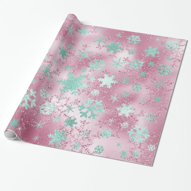 Papier Cadeau Élégant Rose Gold Mint Noël Snowflake Motif (Déroulé)