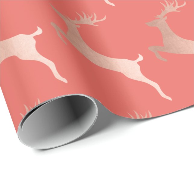 Papier Cadeau Élégant Rose Gold Red Christmas Reindeer Motif (Coin rond)