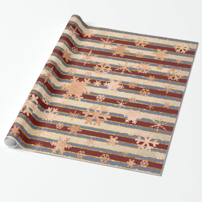 Papier Cadeau Élégant Rose Gold Red Christmas Snowflake Motif (Déroulé)