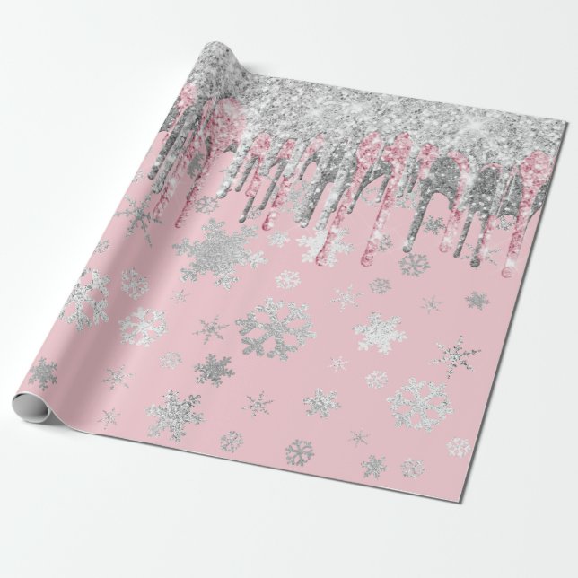 Papier Cadeau Élégant Rose Gold Silver Snowflakes Noël  (Déroulé)