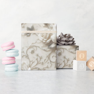 Papier Cadeau Elégant Rose ivoire avec design floral argent