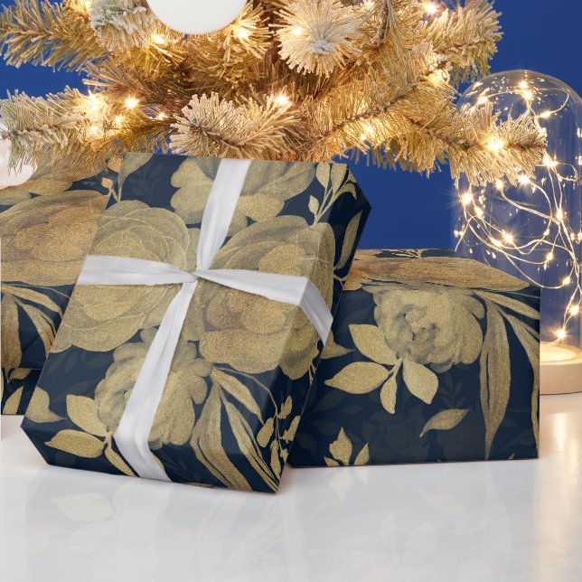 Papier Cadeau Elégant Roses d'or Floral Marine-Blue Design (Vacances)