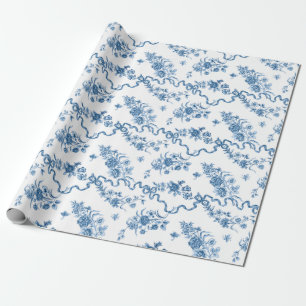 Papier Cadeau Élégant Roses et rubans bleus gravés Vintages