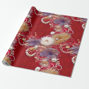 Papier Cadeau Elégant Rouge Argent Plumes dorées perlé perle per