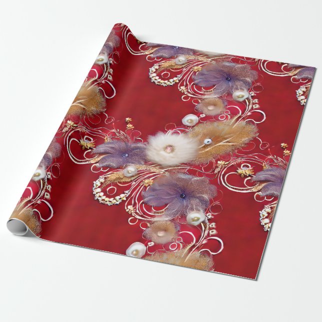 Papier Cadeau Elégant Rouge Argent Plumes dorées perlé perle per (Déroulé)