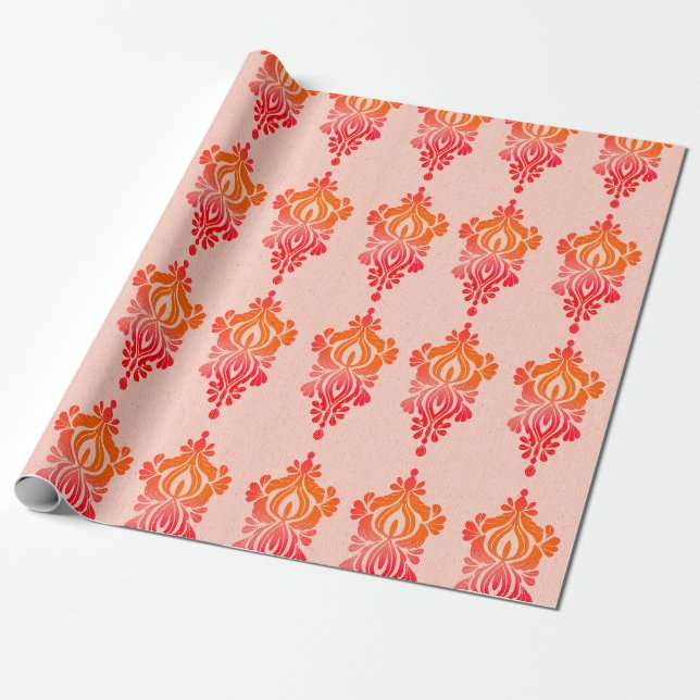 Papier Cadeau Élégant rouge Damas Floral baroque papier d'envelo (Déroulé)