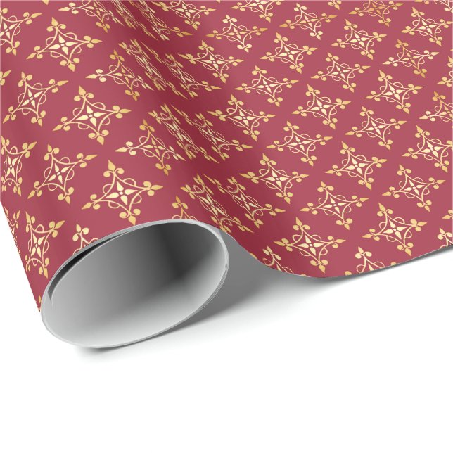 Papier Cadeau Elégant rouge et or Quatre Floral Festif Damask (Coin rond)
