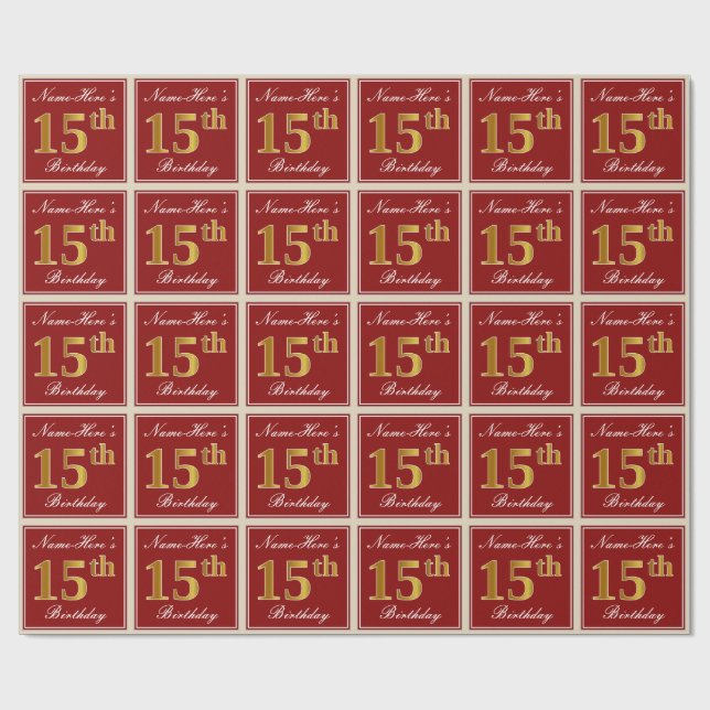 Papier Cadeau Elégant, Rouge, Faux Gold 15e anniversaire; Nom pe (Plat)