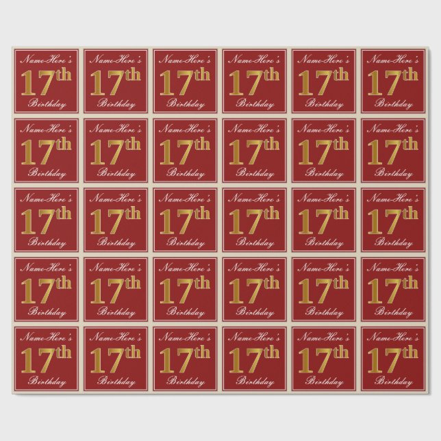 Papier Cadeau Elégant, Rouge, Faux Gold 17e anniversaire; Nom pe (Plat)