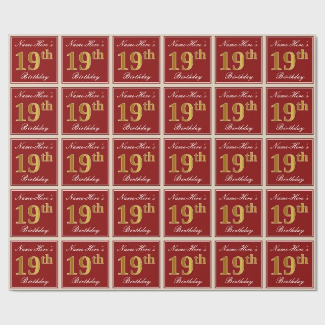 Papier Cadeau Elégant, Rouge, Faux Gold 19e anniversaire; Nom pe (Plat)