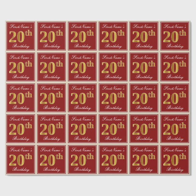 Papier Cadeau Elégant, Rouge, Faux Gold 20e anniversaire; Nom pe (Plat)