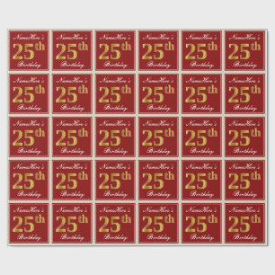 Papier Cadeau Elégant, Rouge, Faux Gold 25e anniversaire; Nom pe