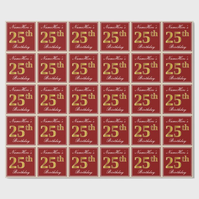 Papier Cadeau Elégant, Rouge, Faux Gold 25e anniversaire; Nom pe (Plat)