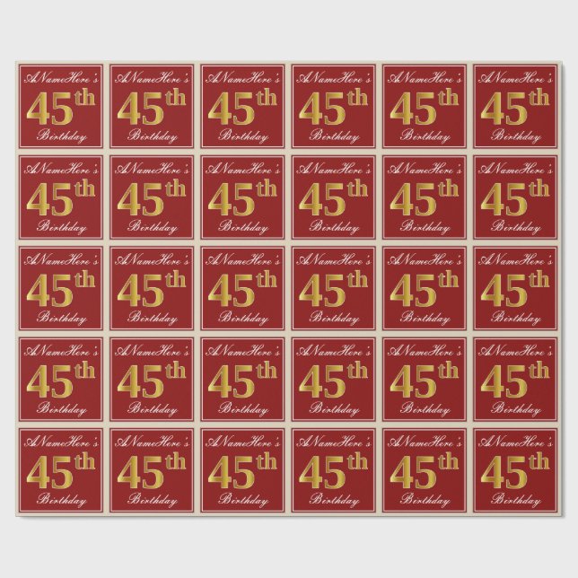 Papier Cadeau Elégant, Rouge, Faux Gold 45e anniversaire; Nom pe (Plat)