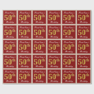Papier Cadeau Elégant, Rouge, Faux Gold 50e Anniversaire; Nom pe