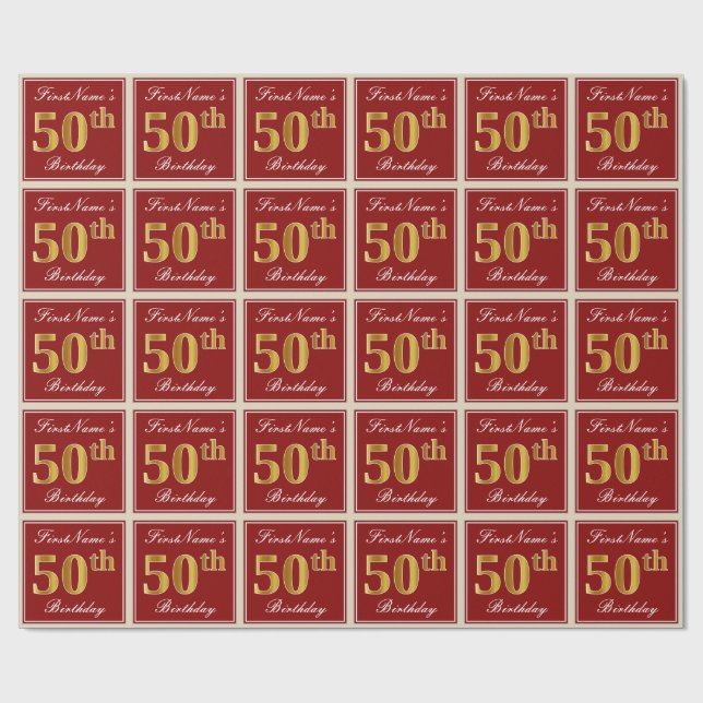 Papier Cadeau Elégant, Rouge, Faux Gold 50e Anniversaire; Nom pe (Plat)