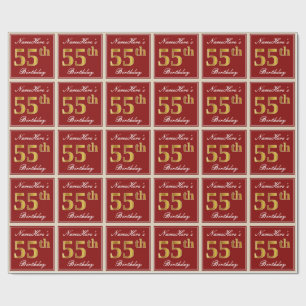 Papier Cadeau Elégant, Rouge, Faux Gold 55e anniversaire; Nom pe