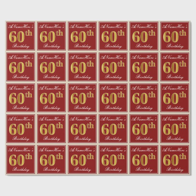 Papier Cadeau Elégant, Rouge, Faux Gold 60e anniversaire; Nom pe (Plat)